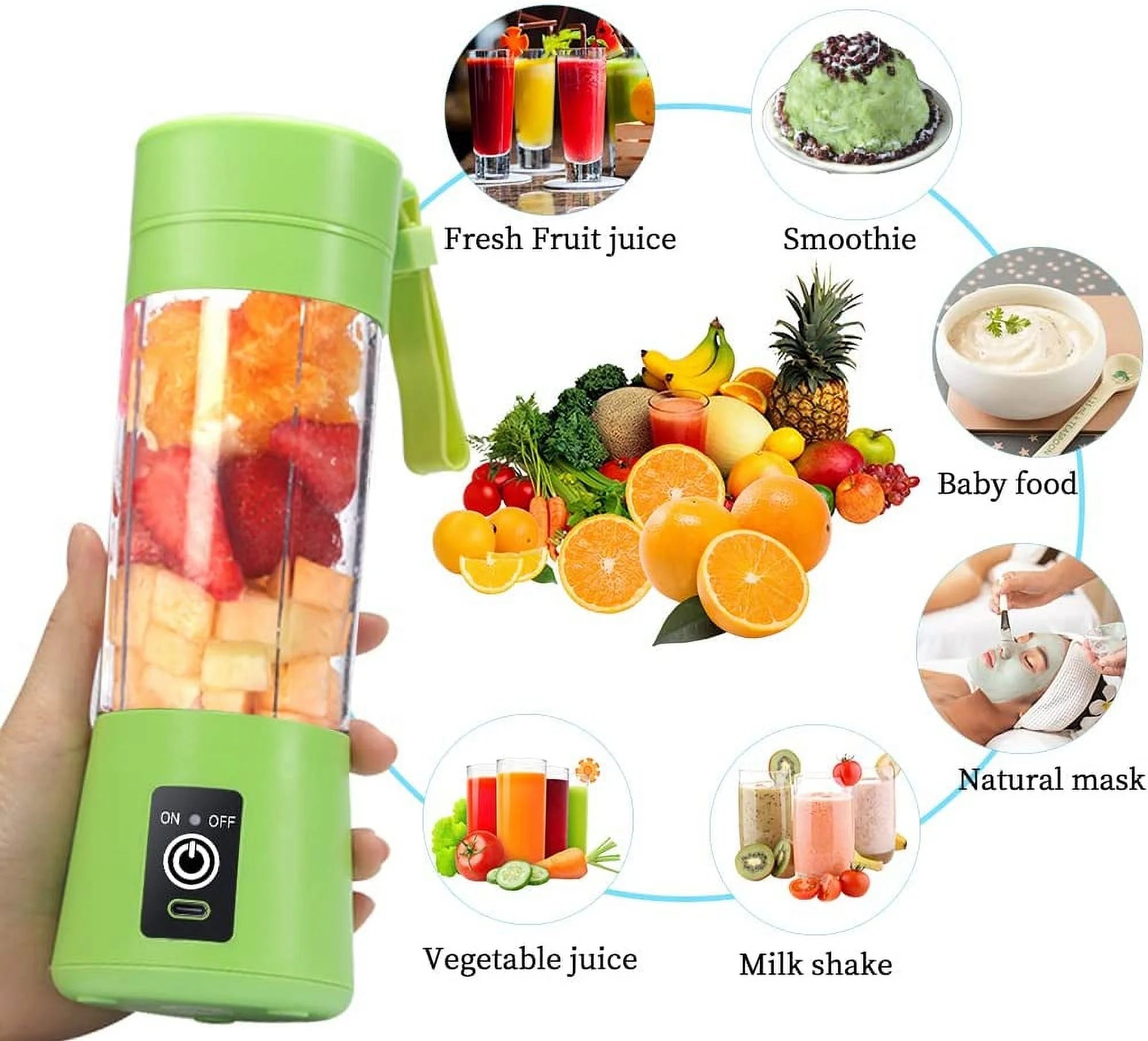 Portable Blender USB Rechargeable Juicer Cup with Six Blades Smoothies Mixer Fruit Machine 380Ml Water Bottle for Sports Travel Outdoors