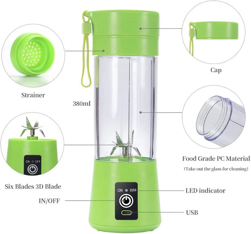 Portable Blender USB Rechargeable Juicer Cup with Six Blades Smoothies Mixer Fruit Machine 380Ml Water Bottle for Sports Travel Outdoors