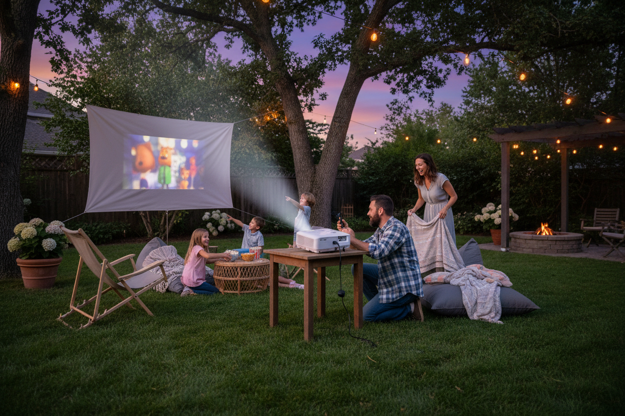 a family using their projector in their backyard