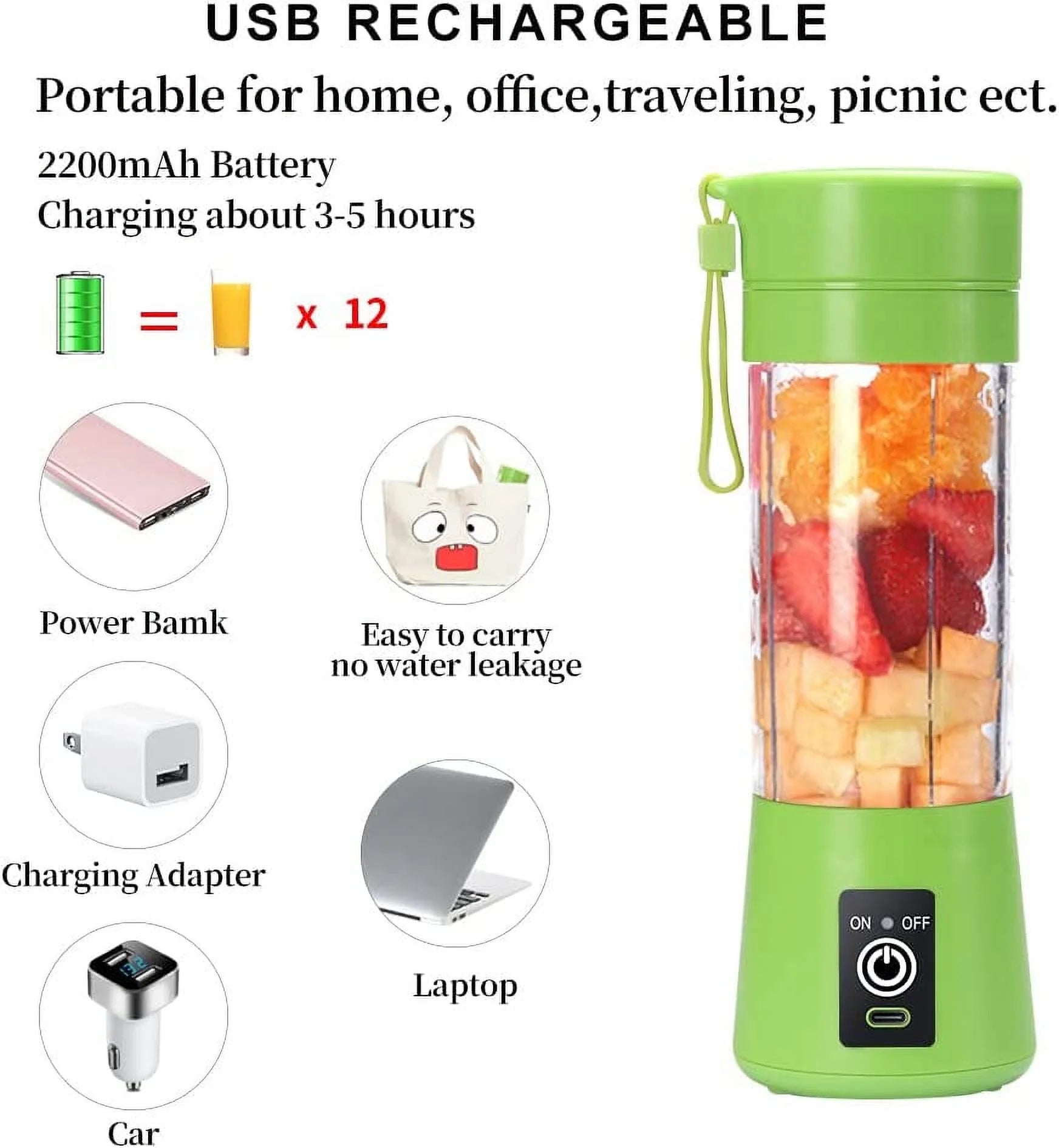 Portable Blender USB Rechargeable Juicer Cup with Six Blades Smoothies Mixer Fruit Machine 380Ml Water Bottle for Sports Travel Outdoors